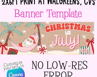 Christmas in July Banner Template | Tropical Christmas Party Sign | Editable Canva Banner | 2x6 Walgreens Print | Palm Tree Santa Decor