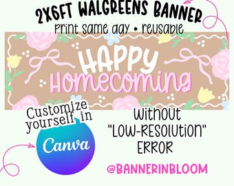 Vorlage für ein „Happy Homecoming“-Banner | 2x6 Walgreens-Druckbanner | Canva-Vorlage für Homecoming-Brunch & Blumenstrauß (KEINE NIEDRIGE AUFLÖSUNG)