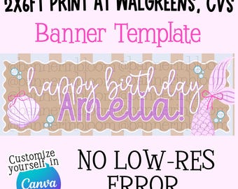 Walgreen NO LOW RES Mermaid Birthday Banner Template | Walgreens 2x6 Canva (Digital Download)