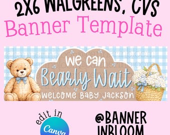 Blue Teddy Bear Baby Shower Banner Template | We Can Bearly Wait (Digital Download)