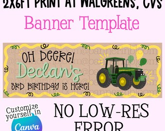 Editable Oh Deere Tractor Birthday Banner | John Deere Farm Party (Walgreens 2x6, Digital Download)
