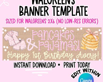Walgreen NO LOW RES 2x6 | Pancakes Pajamas Birthday Banner Template | (Digital Download)