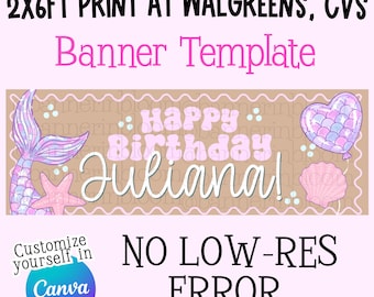 Walgreen NO LOW RES Mermaid Birthday Banner Template | Walgreens 2x6 Canva (Digital Download)