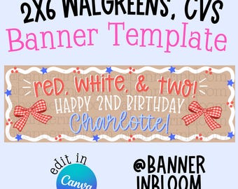 Editable 2x6 Birthday Banner Template | Red White & Two Theme (Digital Download)