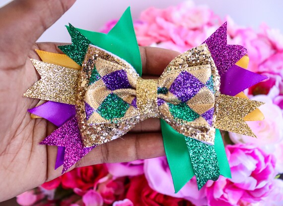 Mardi Gras Hair Bow, Satin Ribbon, Brooch Diamond - Etsy display picture 1