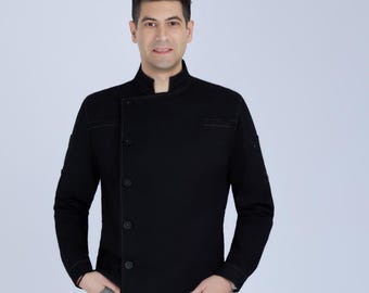 Tarkin Men's Chef Coat (Black) – 4-Way Stretch, Organic Cotton, Customizable, Long or Roll-Up Short Sleeves