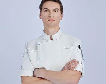 Tarkin Men's Chef Coat (White) – 4-Way Stretch, Organic Cotton, Customizable, Long or Roll-Up Short Sleeves
