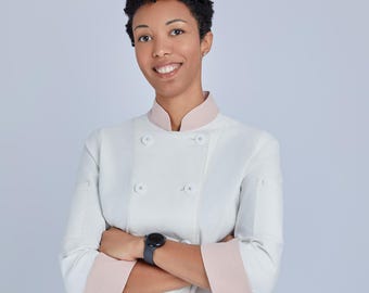 Celeste Women's Double-Breasted Chef Coat (White) – 4-Way Stretch, Organic Cotton, Customizable, Long or Roll-Up Short Sleeves