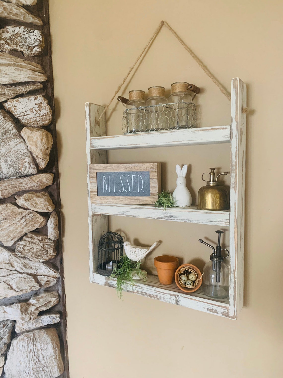 Ladder Shelf Farmhouse Rope Hanging Farmhouse Decor Gift Etsy