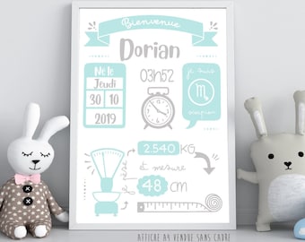 Personalized birth poster to frame for child's room (grey blue)