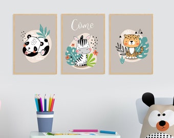 3 Affiches à encadrer pour chambre d'enfant - Jungle - Panda - Zèbre - Léopard