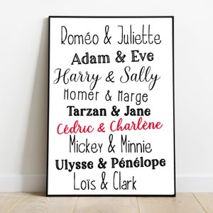 Cartel de marco de parejas famosas con sus nombres de pila