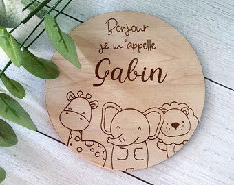 Wooden plate engraved Personalized birth announcement Animals