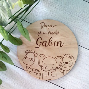 Wooden plate engraved Personalized birth announcement Animals