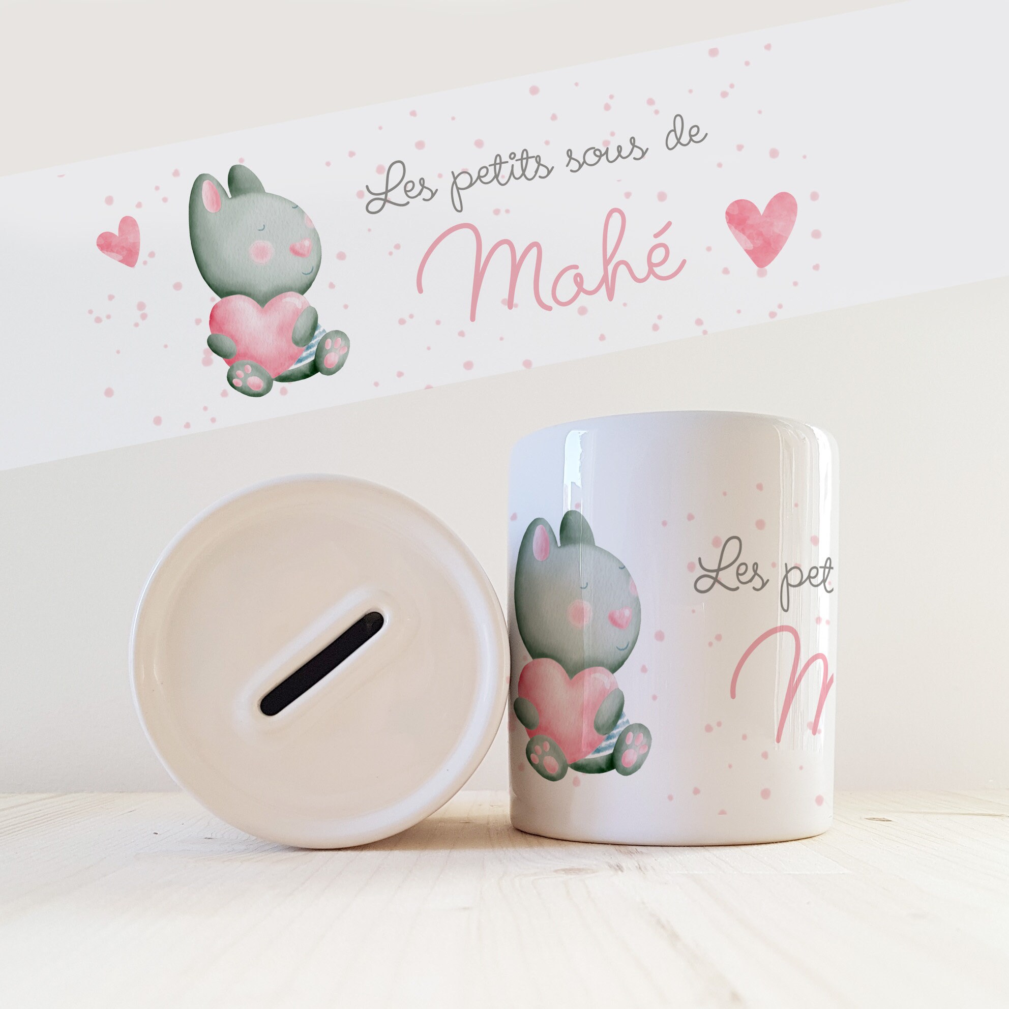 Tirelire Personnalisée avec Prénom Modèle Chat et Coeur