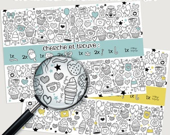 May include: A black and white printable game with a blue and yellow border. The game is called "Cherche et trouve" which means "Search and Find" in French. The game features a variety of cute doodles, including hearts, stars, cupcakes, and ice cream cones. The game is designed to be played by children and adults.