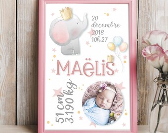 Affiche de naissance personnalisée à encadrer pour chambre d'enfant Eléphant rose