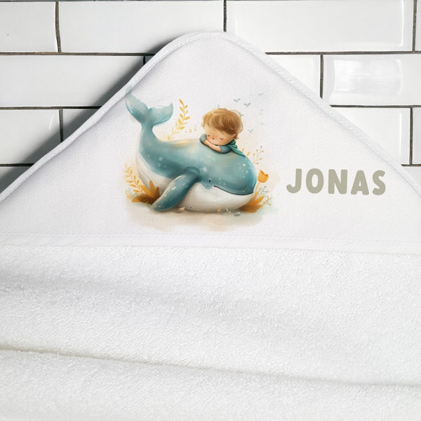 Cape de bain bébé personnalisée avec prénom Baleine, peignoir, sortie de bain personnalisable, cadeau de naissance original et unique