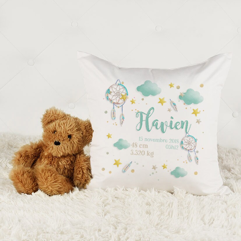 Coussin de Naissance Personnalisé Attrape Rêves Bleu