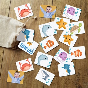 Jeu de mémoire modèle Mer plage poissons personnalisé avec photo & prénom de l'enfant