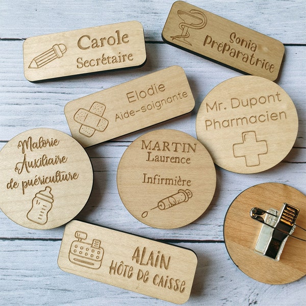 Aanpasbare professionele beroepsbadge, professionele houten badge, apotheker, assistent, verpleegster, arts, verpleegster, begrafenisondernemer