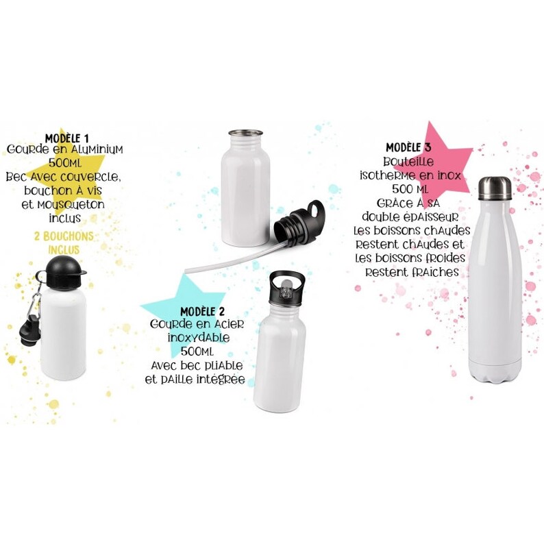 K&ouml;nnte beinhalten: Drei verschiedene Arten von wiederverwendbaren Wasserflaschen. Die erste Flasche ist aus Aluminium und hat einen Schraubverschluss und einen Karabinerhaken. Die zweite Flasche ist aus Edelstahl und hat einen Klappverschluss mit einem integrierten Strohhalm. Die dritte Flasche ist eine Thermoskanne aus Edelstahl mit einem Schraubverschluss.