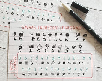 Cartes jeu "Sauras tu décoder ce message ?" - La famille va s'agrandir|Annonce grossesse originale|Annonce grossesse personnalisé