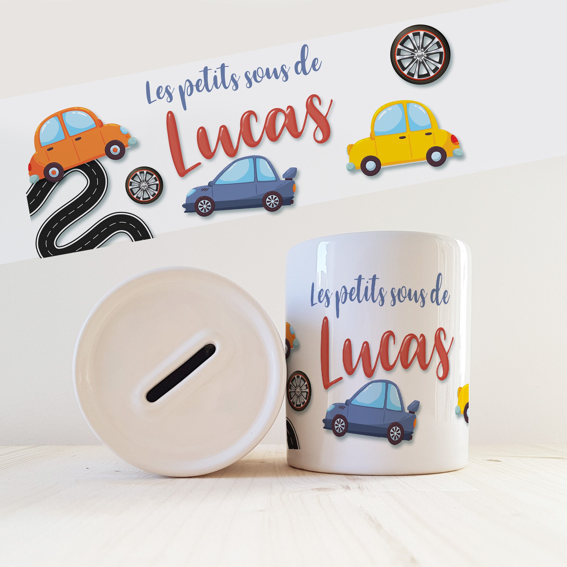 Tirelire Personnalisée avec Prénom Modèle Voitures