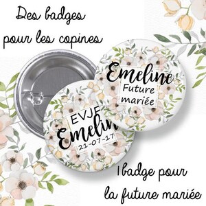10 Badges EVJF rond grand format en métal - 44mm - personnalisable - modèleromantique, fleuri, shabby- enterrement de vie de jeune fille