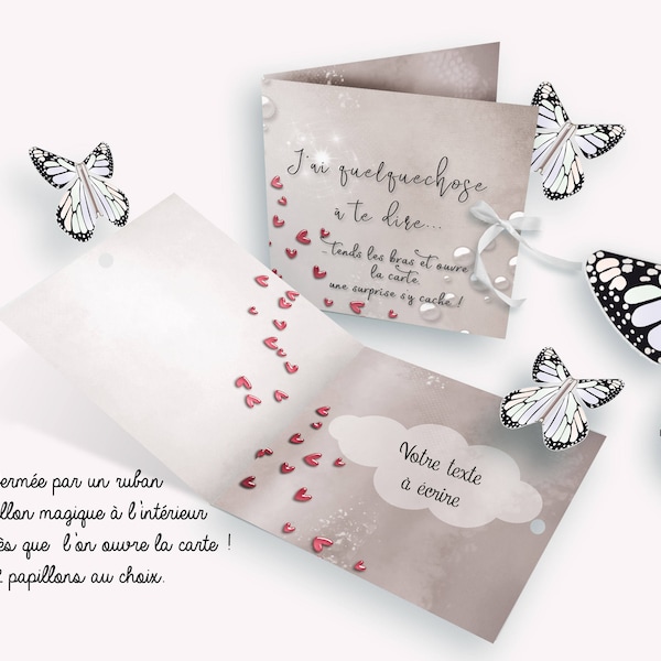 Papillon volant avec carte d'annonce (grossesse - mariage - pacs - demande en témoin - demande aux parrains )