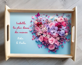 Large personalized wooden tray with flowers