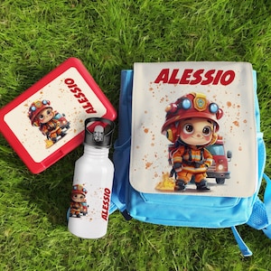 Pack Gourde enfant personnalisée prénom Pompier | Boîte à goûter pompier personnalisée | Sac à dos Pompier école crèche personnalisé enfant