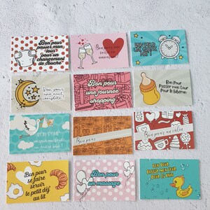 May include: A set of ten colorful cards with illustrations and French text. Each card features a different activity or task, such as "Bon pour une nuit compl&egrave;te!" (Good for a full night's sleep) and "Bon pour un massage" (Good for a massage).