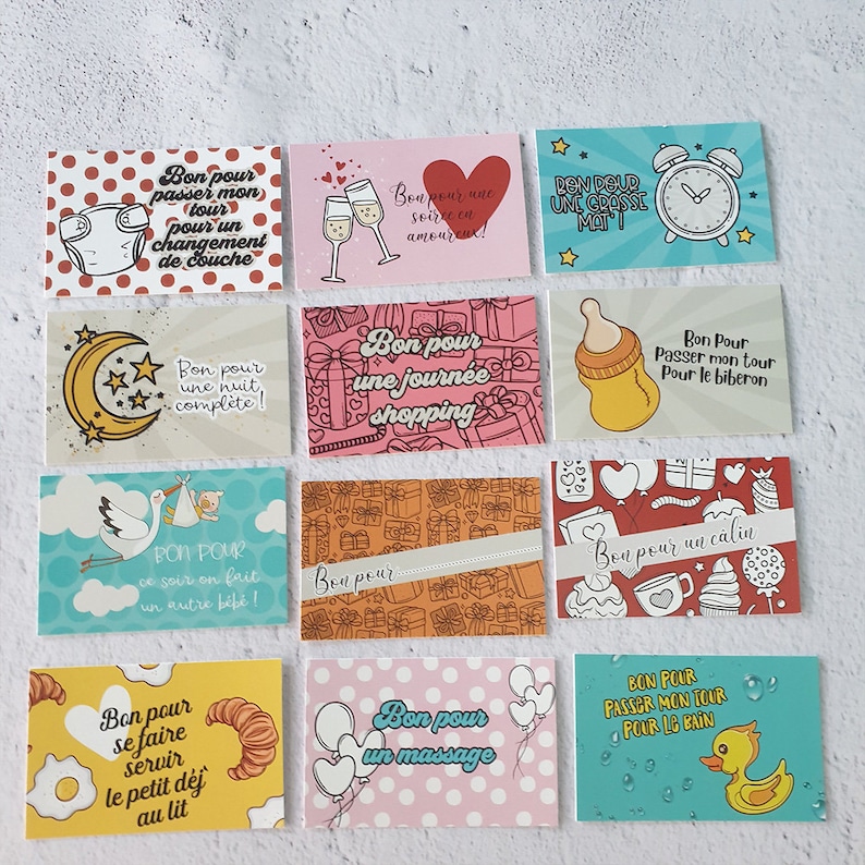 May include: A set of ten colorful cards with illustrations and French text. Each card features a different activity or task, such as "Bon pour une nuit compl&egrave;te!" (Good for a full night's sleep) and "Bon pour un massage" (Good for a massage).