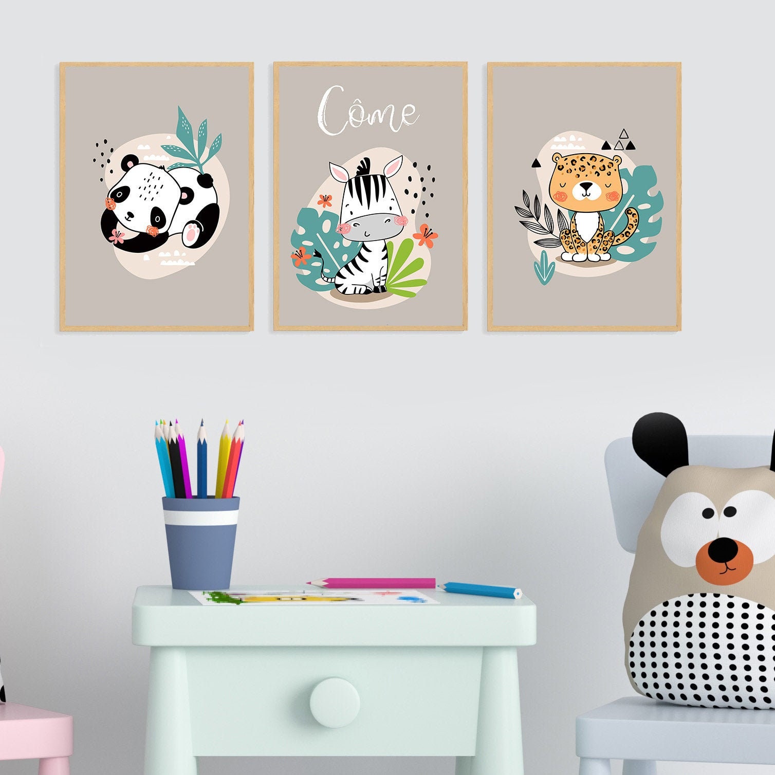 3 Affiches à Encadrer Pour Chambre d'enfant - Jungle Panda Zèbre Léopard