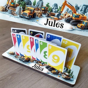 Support bois personnalisé "Stop galère" coloré pour cartes à jouer - modèle Chantier, tractopelle, engins