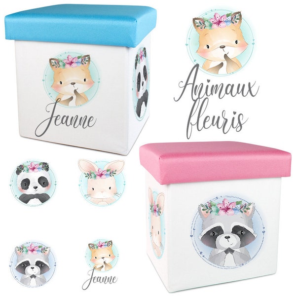 Petit pouf / cube de rangement personnalisé - Animaux fleuris