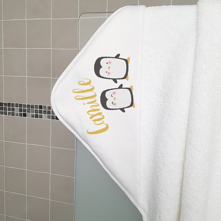 Cape de Bain Bébé Personnalisée avec Prénom Pingouins