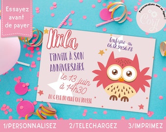 Pink Owl Birthday Invitation (digital to customize and download online with Corjl)