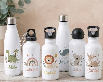 Botella de agua infantil personalizada con nombre, 500 ml - Acero inoxidable o aluminio - Diseño de animales o arcoíris - Regalo para el colegio o la guardería - Little Wild