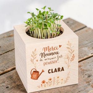 Op de afbeelding: Een lichtgekleurde houten kubusvormige plantenbak met kleine groene spruiten. De voorzijde is bedrukt met de tekst "Merci Nounou de m'avoir fait pousser..." en "CLARA", samen met illustraties van een gieter en bloemtakjes.