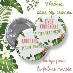 10 Badges EVJF rond grand format en métal - 44mm - personnalisable - modèle tropical, tropiques, palmier - enterrement de vie de jeune fille