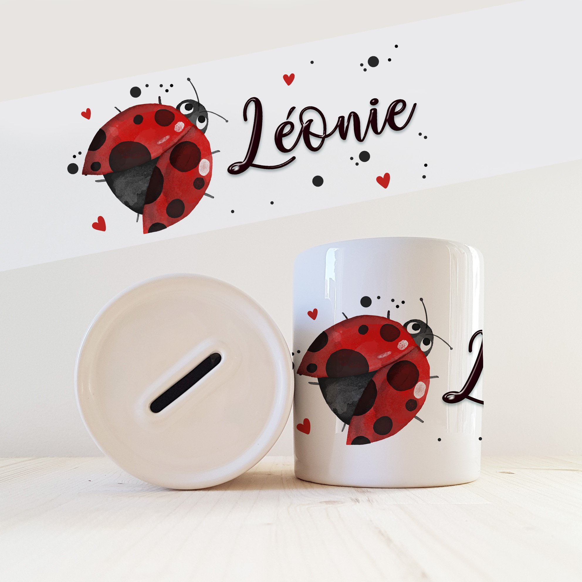 Tirelire Personnalisée avec Prénom Modèle Coccinelle