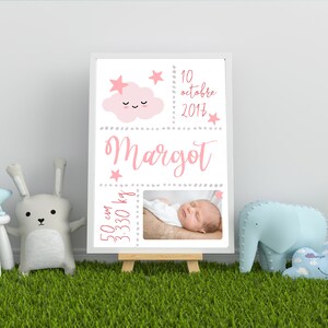 Cartel de nacimiento personalizado que se enmarca para el dormitorio del niño (rosa)