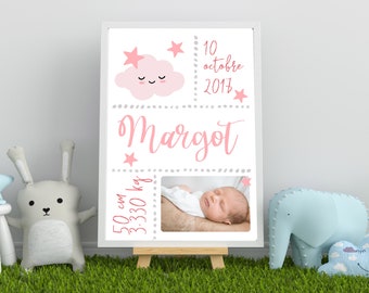 Affiche de naissance personnalisée à encadrer pour chambre d'enfant (rose)