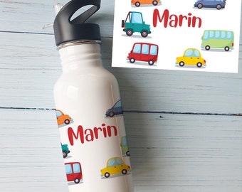 Personalized water bottle first name Cars|Water bottle with straw|Isothermal water bottle|reusable water bottle|Gourd to personalize