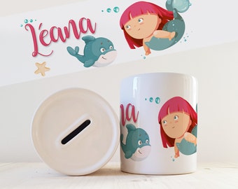 Piggy bank personalized with mermaid pattern name