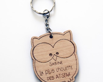 Personalized keychain Wooden owl - nanny, atsem, nursery, mistress...