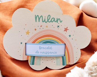 Puede incluir: Un cartel de madera en forma de nube con un diseño de arcoíris y el texto "Milan" y "Bracelet de naissance".