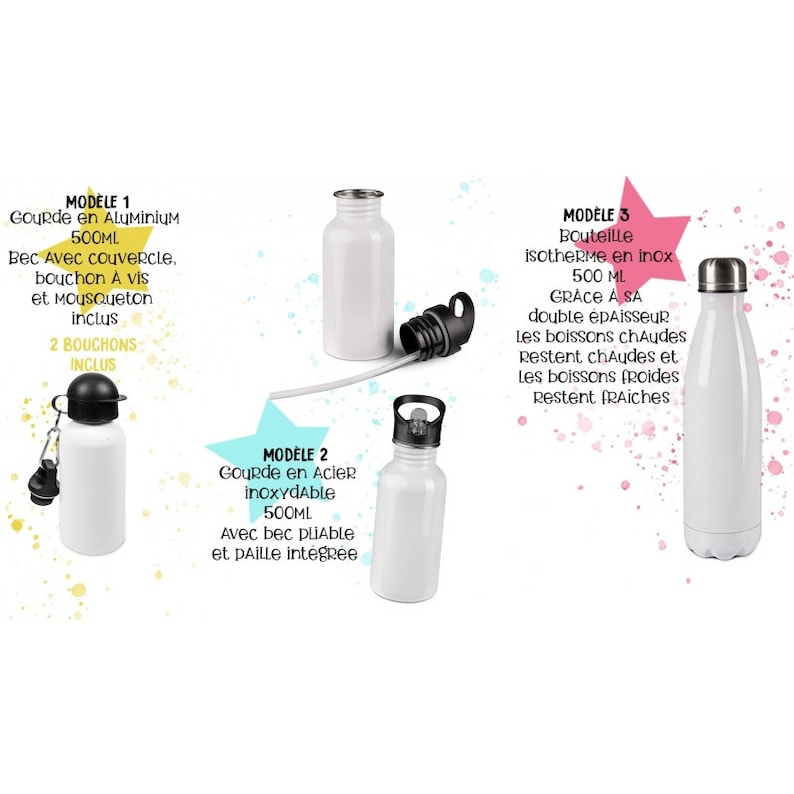 May include: Three different types of reusable water bottles. The first bottle is made of aluminum and has a screw-on lid and a carabiner clip. The second bottle is made of stainless steel and has a flip-top lid with a built-in straw. The third bottle is a stainless steel thermos with a screw-on lid.